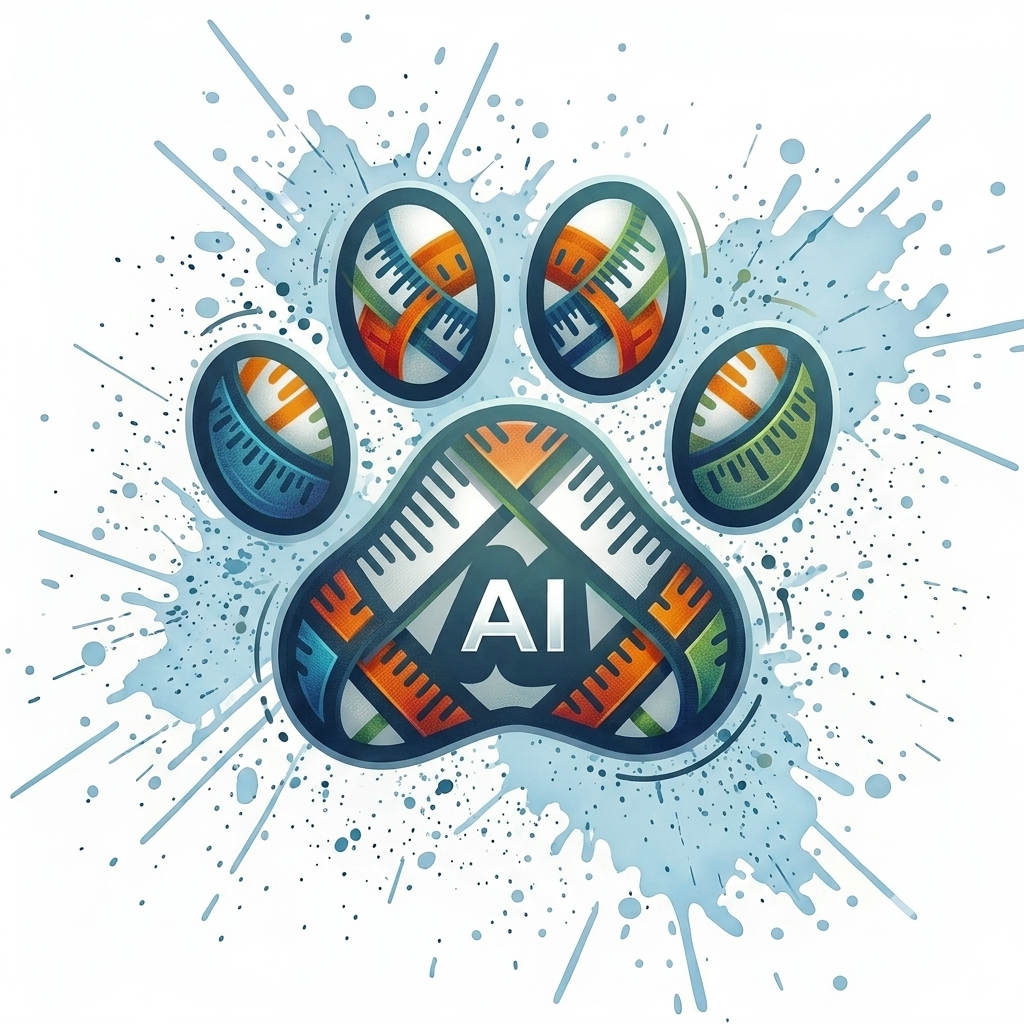 Pawfitter app logo: a colorful measuring-tape paw print with an AI badge